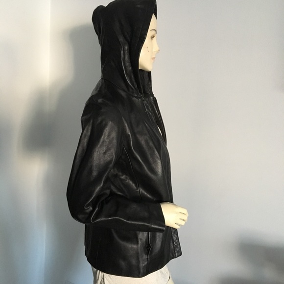 Black Leather hooded zip up jacket - Picture 3 of 8